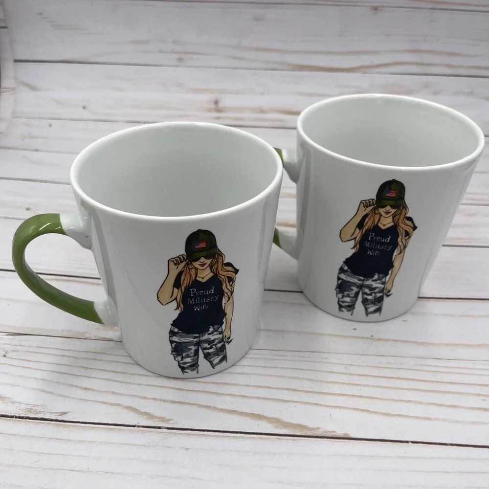Set Of 2 PROUD MILITARY WIFE Coffee Mug Cup RONGRONG Oversized Art Mug Pair
